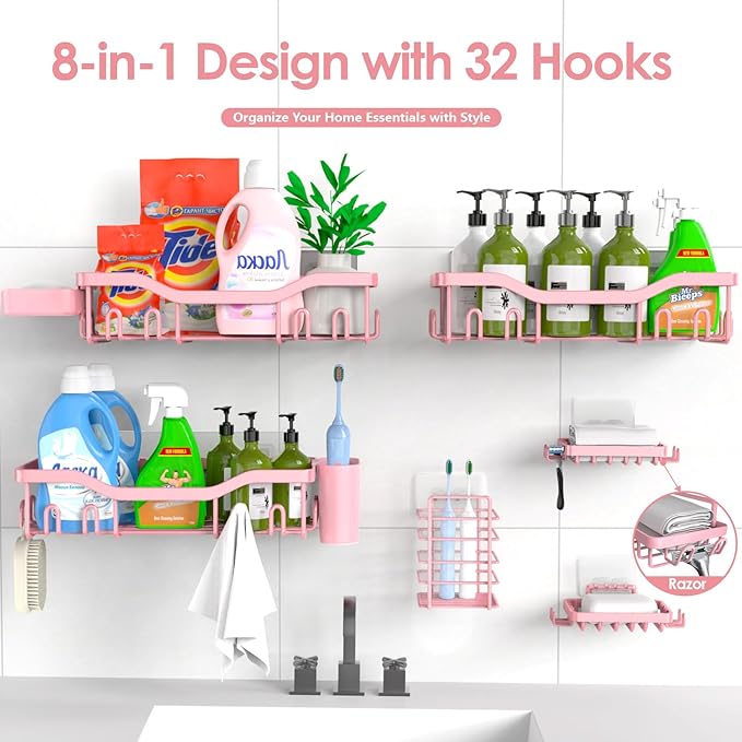 NESOMI Shower Caddy Adhesive Shower Organizer 8-Pack, Rustproof Stainless Steel Bathroom Shelves, Large Capacity No-Drill Rack Storage Accessories with Soap Dish Toothbrush Holder Hooks