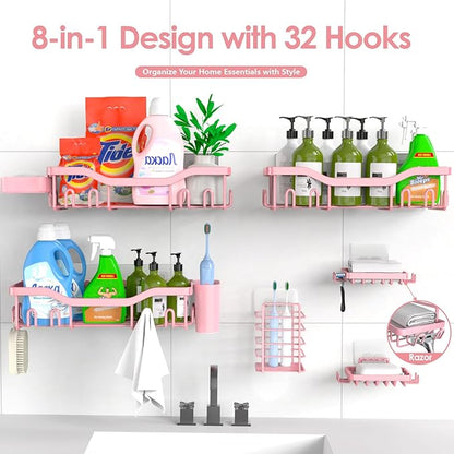 NESOMI Shower Caddy Adhesive Shower Organizer 8-Pack, Rustproof Stainless Steel Bathroom Shelves, Large Capacity No-Drill Rack Storage Accessories with Soap Dish Toothbrush Holder Hooks