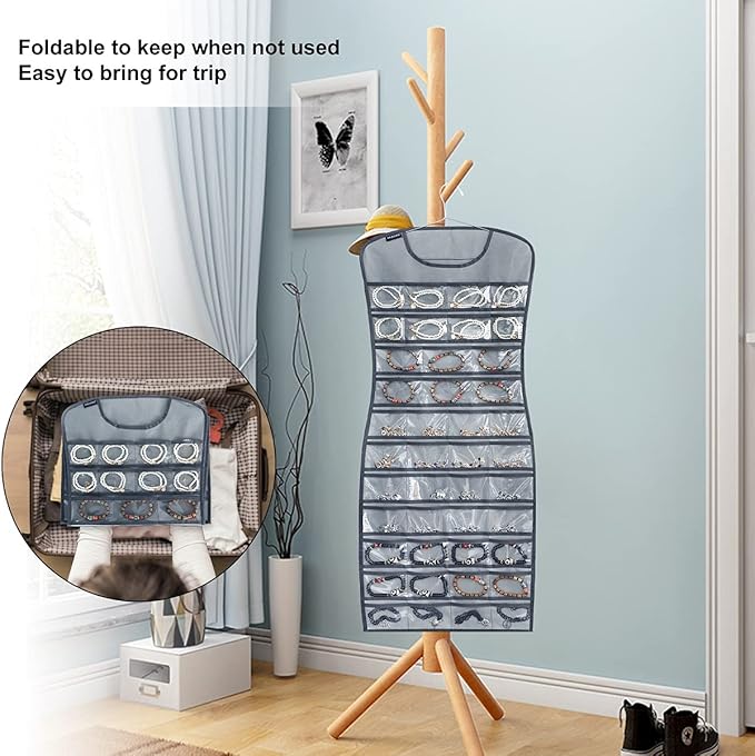 Dual sided Jewelry Hanging Organizer Closet Necklace Holder for Earrings Bracelets Rings with 42 Clear Pockets and 17 Hook Loops (Grey