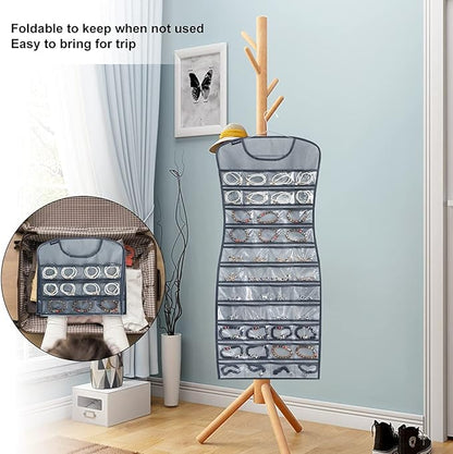 Dual sided Jewelry Hanging Organizer Closet Necklace Holder for Earrings Bracelets Rings with 42 Clear Pockets and 17 Hook Loops (Grey