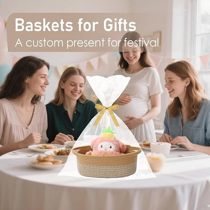 JMvicyroam Woven Basket,Small Rope Storage Bin with Handles & Ribbon Bag, Organizer for Shelves Closets,Gift Basket Empty for Birthday,Books,Dog Toys, Jute&Brown/3 Pack