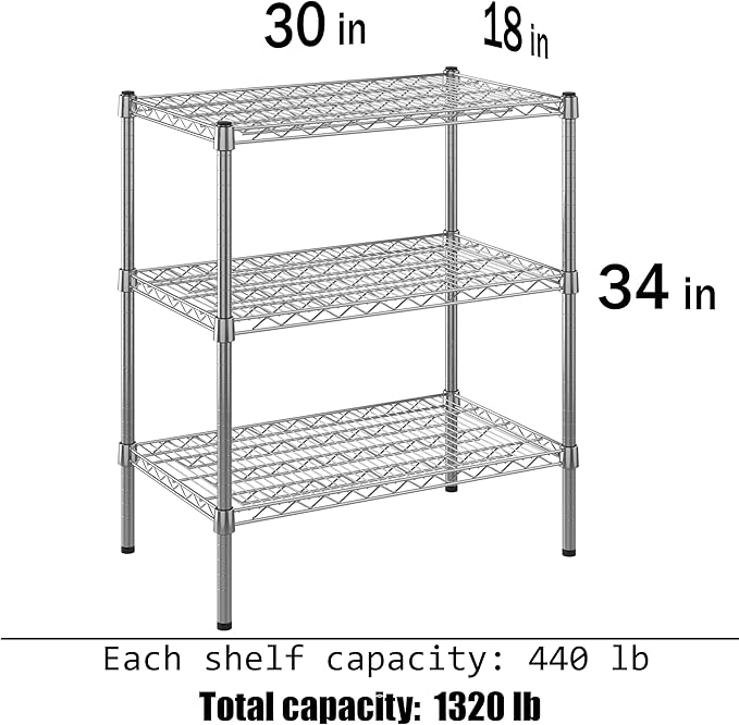 18" Deep x 30" Wide x 34" Height Wire Shelving Kit | 3-Tier | NSF Commercial Storage Rack Unit