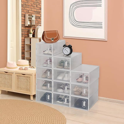 Shoe Boxes, Pack of 12 Shoe Storage Organizers, Stackable Clear Plastic Boxes for Closet, Sneakers, 9 x 13 x 5.5 Inches, Fit up to US Size 11 (White)