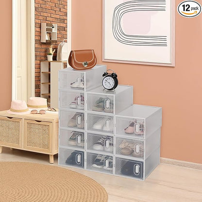 Shoe Boxes Clear Plastic Stackable, Shoe Storage Box 12 Pack, Shoes Organizer, Modular & Space Saving, Ventilation Holes, Interlocking Design, Sneaker Containers Display Case, White & Transparent