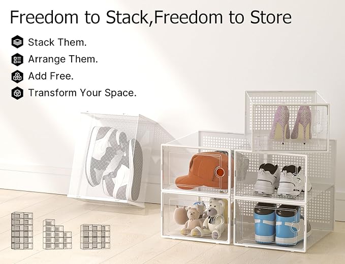 Kuject XX-Large Shoe Storage Boxes Organizers Clear Plastic Stackable 12 Pack, Shoe Rack & Holder Substitute, Sneaker Containers, Shoe Storage Organizer Bins for Closet, Under Bed,White(No Fold Line)