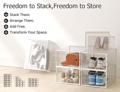 Kuject XX-Large Shoe Storage Boxes Organizers Clear Plastic Stackable 12 Pack, Shoe Rack & Holder Substitute, Sneaker Containers, Shoe Storage Organizer Bins for Closet, Under Bed,White(No Fold Line)