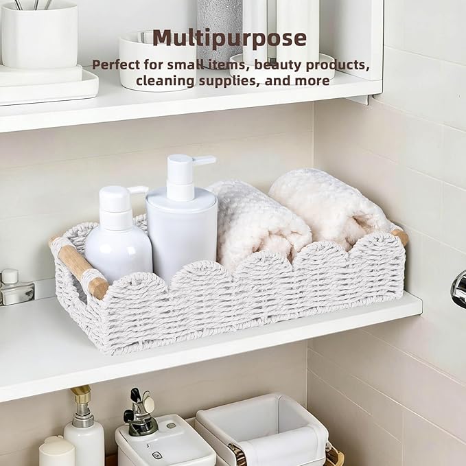 CubesLand Bathroom Basket Organizer w/Cut Out Handle, Back of Toilet Paper Storage Baskets for Bathroom Countertop Decorative, Small Scalloped Wicker Basket Also for Home Decor, Living Room, White