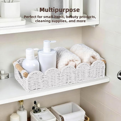 CubesLand Bathroom Basket Organizer w/Cut Out Handle, Back of Toilet Paper Storage Baskets Tray for Bathroom Countertop Decorative, Scalloped Wicker Basket Also for Home Decor, Living Room, White