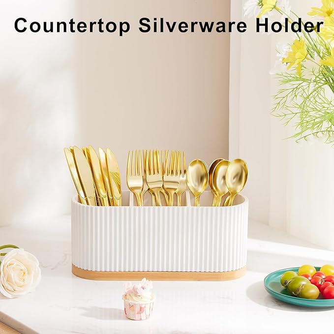 HouseJoy Countertop Silverware Holder, Silverware Caddy Organizer Holder for Forks, Spoons, Knives, Cutlery Caddy with 3 Compartments, Kitchen Utensil Holder for Party, Countertop