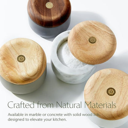 Evermill Salt Cellar (Salt Well) – Premium Marble or Concrete Container with Wooden Lid – Easy Access Kitchen Salt Box with Magnetic Swivel Lid – Includes Sea Salt (Marble with Oak)