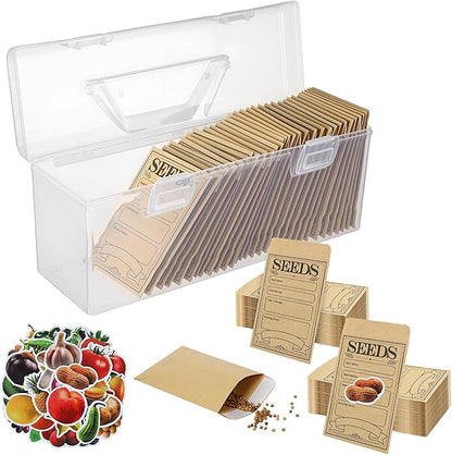Plastic Clear Seed Storage Organizer Box with Handle, 1 Seed Saving Packet Container Box with 200 Envelopes and 50 Stickers for Plant Flower Vegetable Garden Lover Gifts