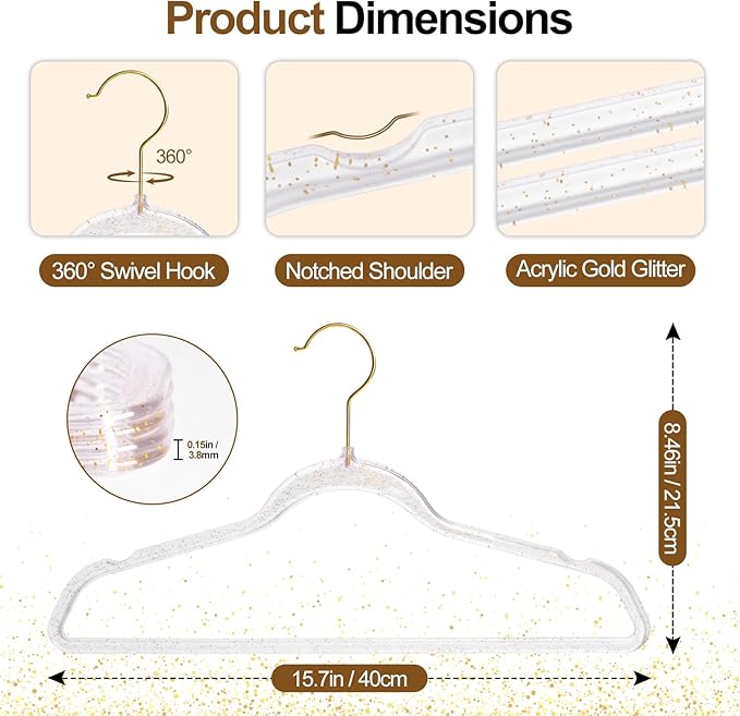 FUDESY Clear Plastic Hangers 50 Pack, Acrylic Clothes Hangers with Gold Glitter, Heavy Duty Hangers, Space Saving, Ultra Slim, 360° Swivel Hook, Non-Slip Notches, for Coats, Suits, Dress, Pants