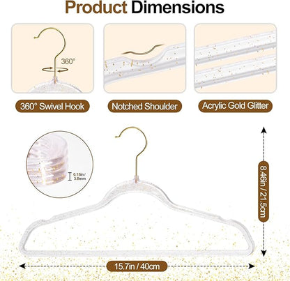 FUDESY Clear Plastic Hangers 50 Pack, Acrylic Clothes Hangers with Gold Glitter, Heavy Duty Hangers, Space Saving, Ultra Slim, 360° Swivel Hook, Non-Slip Notches, for Coats, Suits, Dress, Pants