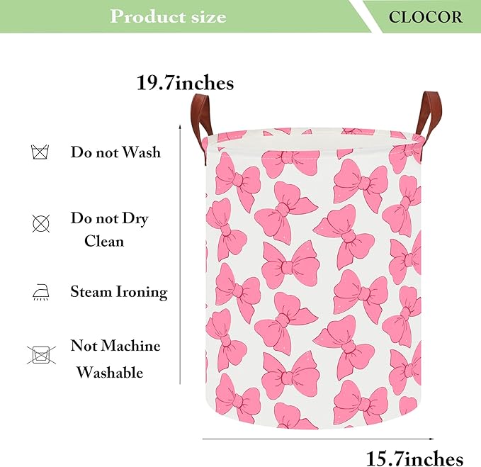 CLOCOR Large Laundry Basket,Waterproof Nursery Hamper,Collapsible Fabric Storage Container,Toys Bin,Room Decor,Gift Basket（Pink Bowknot