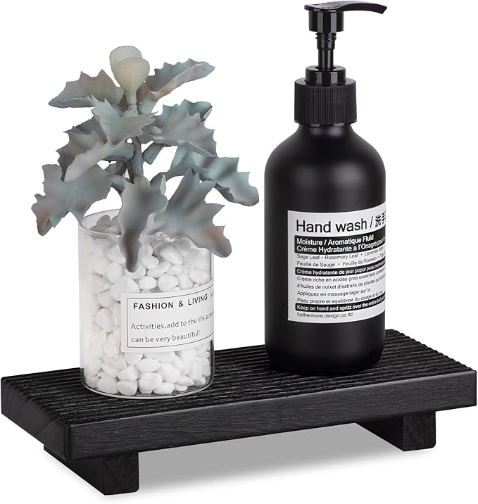 Bathroom Tray Farmhouse Decor Pedestal Stand Wood Riser Display Kitchen Accessories Soap Holder for Sink, Counter, Vanity, 8.7 * 3.6 Black