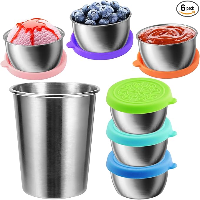 Showvigor 6-Pack 1.6oz Leakproof Salad Cups & 300ml Open-Top Stainless Steel Cup | Reusable Sauce Containers and Drinkware for Home, Office, Kitchen, Picnics – Dishwasher Safe