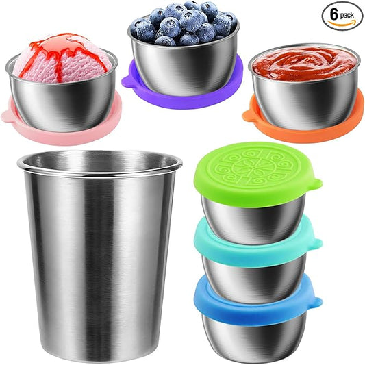 Showvigor 6-Pack 1.6oz Leakproof Salad Cups & 300ml Open-Top Stainless Steel Cup | Reusable Sauce Containers and Drinkware for Home, Office, Kitchen, Picnics – Dishwasher Safe