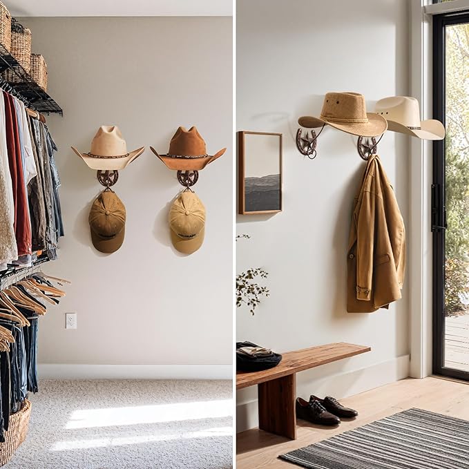 Cowboy Hat Organizer Rack for Wall 4 Pack Metal Cowboy Hat Holder Wall Mounted Iron Western Wall Decor Horseshoe Hat Hanger for Storage and Display at Closet Bedroom Living Room