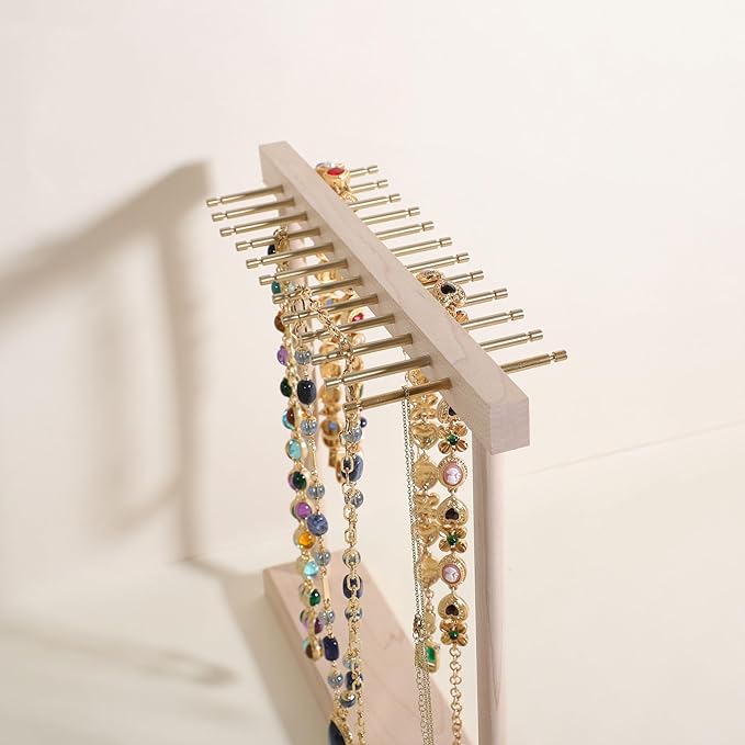 Medium necklace hanger shelf with 12 copper bars, Wooden jewelry storage organizer rack for hanger necklace bracelet, necklace display stand for boutique store【Maple】