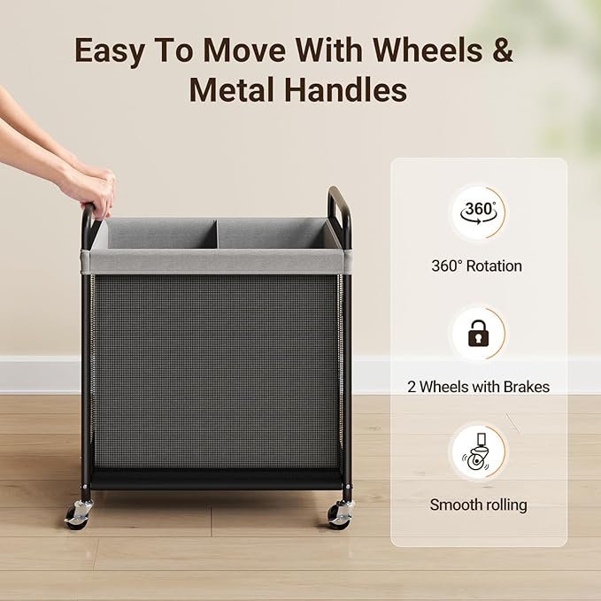 ELYKEN Laundry Hamper 2 Section, 100L Rolling Laundry Sorter with Removable Liner Bag, Laundry Basket with Wheels, Steel Frame with Metal Handle, Clothes Hamper Cart for Laundry Room & Bedroom