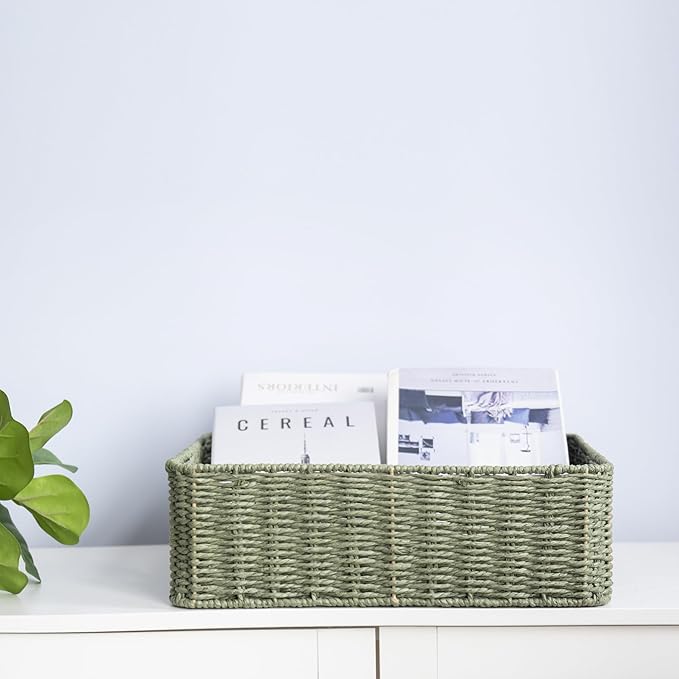 Drawer basket Handwoven Paper Rope Rectangular Shallow Basket Storage-15.35X12.01X4.72 Inches (Green)
