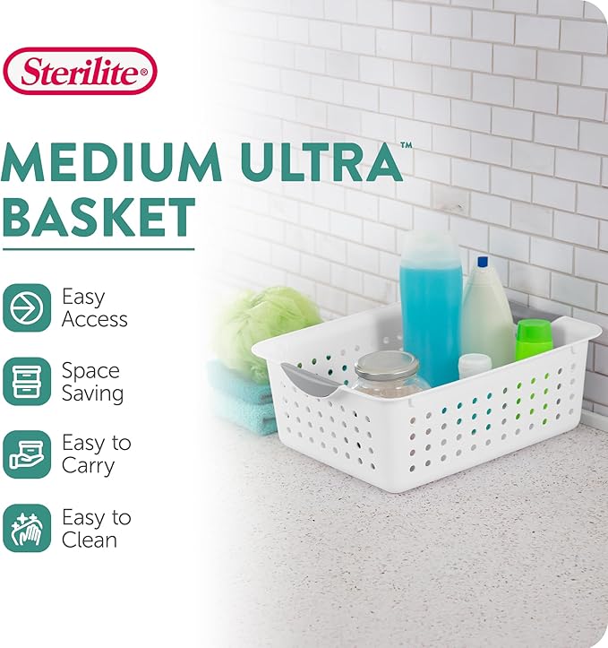 Sterilite 6-Pack Medium Ultra Basket, Open Top Plastic Storage Organizer, White - Classic Baskets for Organizing Countertops, Pantry Shelves, Kitchen Cabinets, Laundry Rooms or Home Offices