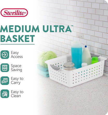 Sterilite 6-Pack Medium Ultra Basket, Open Top Plastic Storage Organizer, White - Classic Baskets for Organizing Countertops, Pantry Shelves, Kitchen Cabinets, Laundry Rooms or Home Offices