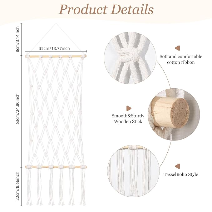 SNOWSTAR Macrame Claw Clip Organizer, Hanging Hair Clip Holder for Women Girls, 4-Tier Diamond-Shaped Grid Claw Clip Hanger, Hanging for Wall,Door,Closet. (white)