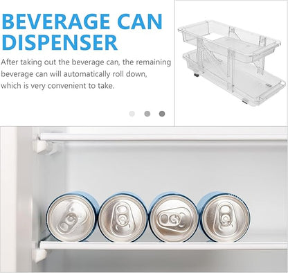 BESTonZON Refrigerator Can Organizer Bin Transparent Dual Rolling Drink Dispenser for Efficient Soda Storage Kitchen Office Living Room