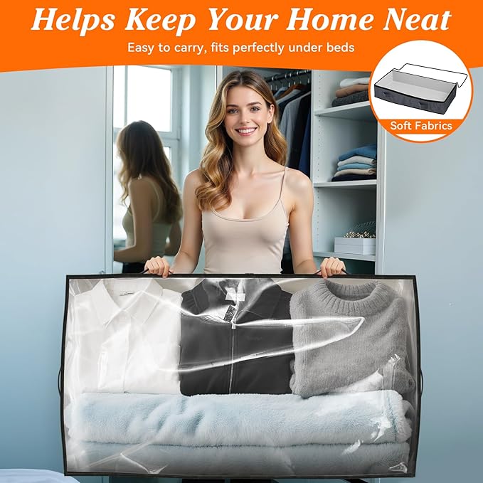 SpaceWhisper 90L Under Bed Storage Containers, 4-Pack Storage Bins with Clear Top, Foldable Closet Organizers and Storage with Label Holder for Clothing, Blankets, Comforter & Pillows (Grey)