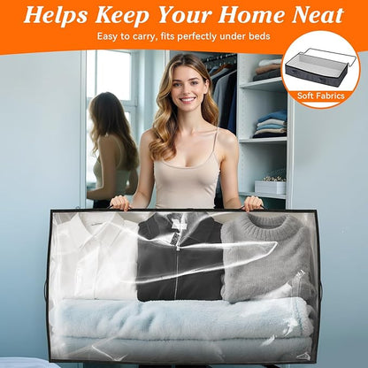 SpaceWhisper 90L Under Bed Storage Containers, 4-Pack Storage Bins with Clear Top, Foldable Closet Organizers and Storage with Label Holder for Clothing, Blankets, Comforter & Pillows (Grey)