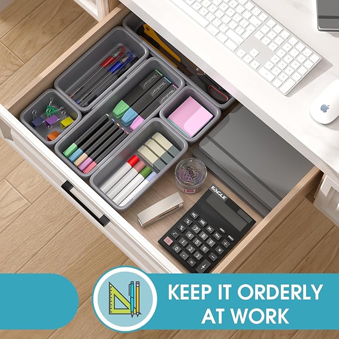 6 PCS Drawer Organizer Set, 3 Size Makeup Drawer Divider Organizer With Non-Slip Pads, Interlocking Plastic Storage Bins for Office,Jewelry Vanity,Gadgets, Bathroom,Kitchen, Grey