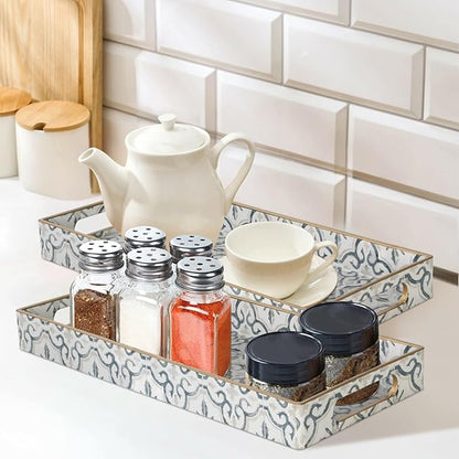 MAONAME White Vanity Tray Set of 2, Plastic Decorative Trays with Handles, Small Moroccan Bathroom Trays for Toilet Tank, Dressr Counter, 13.8" X 6" X 1.57"