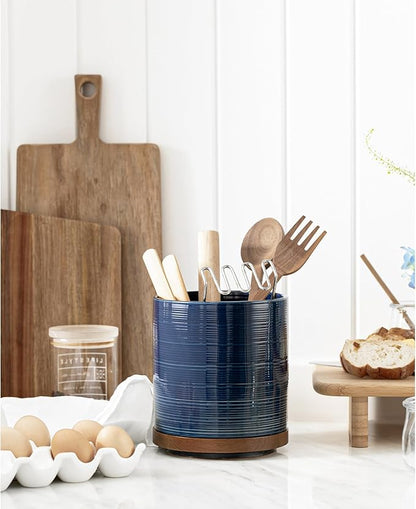 Utensil Holder, 360° Rotating Extra Large Ceramic Kitchen Utensil Holder for Countertop, 7.3“ Cooking Utensil Crocks for Kitchen Counter with Rotatable Wooden Base, Farmhouse Decor, Dark Blue