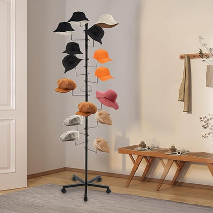 Hat Rack with 16 Circular Hooks, Metal Hat Display Stand, Freestanding Rotating Hat Stand, Adjustable Large Hats Display Rack, Modern Floor Wig Rack for Home Retail Store (Black)
