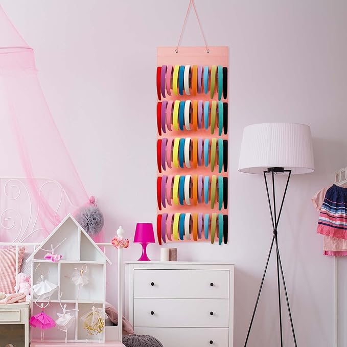 Tudomro Hanging Headband Holder for Girls Felt Hair Accessories Organizer with 60 Elastic Bands Bow Hanger for Girls Hair Bows Without Headbands(Pink,Plain Style)