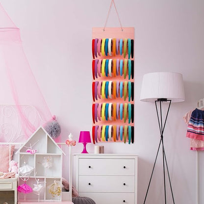 Tudomro Hanging Headband Holder for Girls Felt Hair Accessories Organizer with 60 Elastic Bands Bow Hanger for Girls Hair Bows Without Headbands(Pink,Plain Style)