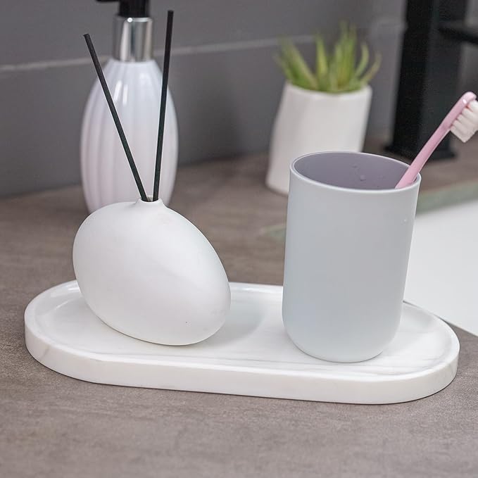 Marble Tray 9.8”x4.7”x0.6”| Oval Stone Tray for Kitchen Counter, Bathroom Vanity & Jewelry Organization – Natural Durable Marble Design (Star White)‌