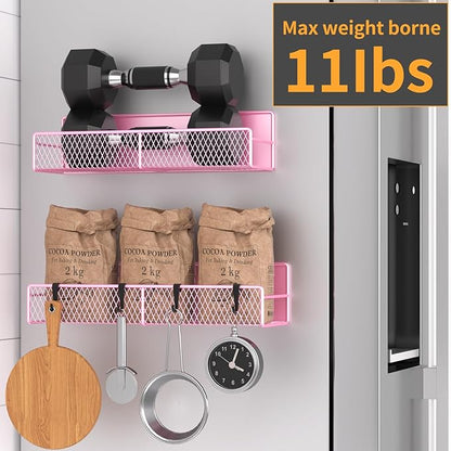 Magnetic Spice Rack for Refrigerator, 2 Pack Metal Magnetic Shelf Pink, Moveable Spice Organizer with Hooks, Super Magnetic Fridge Shelf for Kitchen Organization and Storage