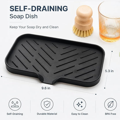 MicoYang Silicone Bathroom Soap Dishes with Drain Spout-Bathroom and Kitchen Sink Organizer,Sponge Holder,Dish Soap Tray,Perfect for Dispenser,Scrubber,Bottle,Cup on Sink or Counter-Black 9.6"×5.3"