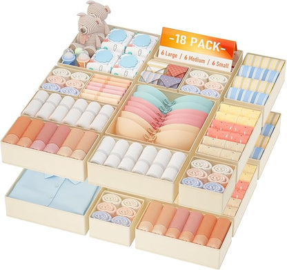 DIMJ Drawer Organizer Clothes Storage- 18 Pack Baby Dresser Organizer for Nursery, Foldable Closet Drawer Organizer Bins for Bedroom Organization, Fabric Storage Dividers for Socks, Underwears, Bras