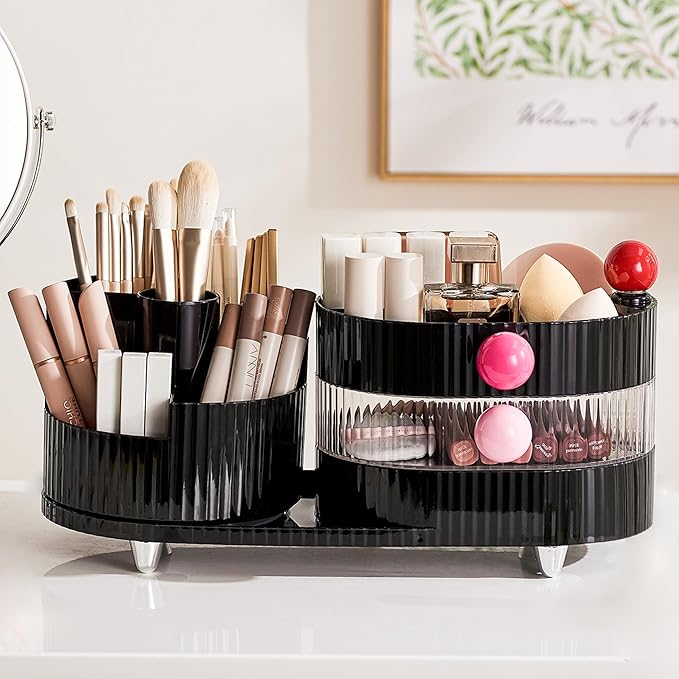 UFORU Makeup Organizer Countertop for Vanity with 360° Rotating Brush Holder, 3 Layer Cosmetic and Jewelry Storage, Makeup Display Case for Skincare&Perfume, Black