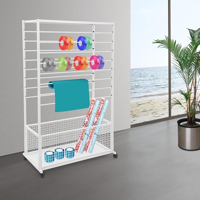 Double-Sided 16 Tier Ribbon Rack, Large Capacity Rolling Ribbon Wrapping Paper Organizer w/Top Shelf & Basket, Movable Metal Storage Cart for Home Retail Studio, 39"x13"x59" (White)