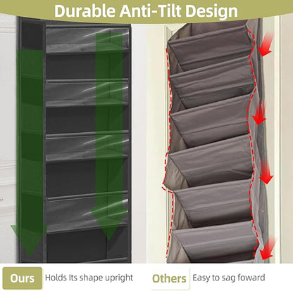 Over Door Organizer with 6 Extra Large Pockets and 12 Side Pockets, Large Capacity Hanging Storage Organizer with Clear Window for Shoes, Diapers, Black, 6 Layers, 1-Pack