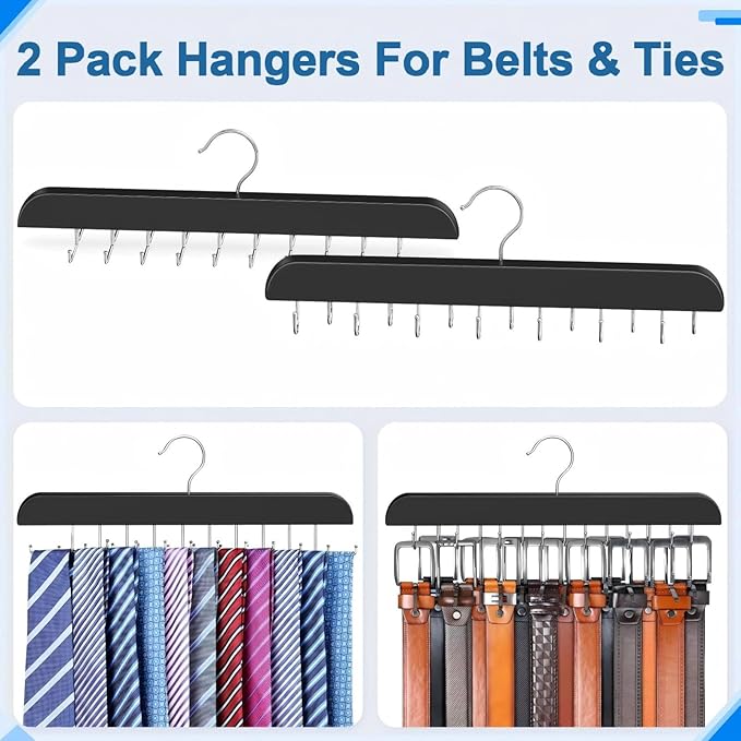 2 Packs Tie Rack & Belt Hanger 2 in 1 Hanger for Closet Organizer Max 42 Belts with 60 Ties Capacity Durable Wooden Tie and Belt Collection Organizer U for Belt and 一 for Tie Racks (Black)