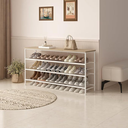 SUOERNUO Shoe Rack Organizer 4 Tier for Closet Entryway Free Standing Metal Storage Shoe Shelf with MDF Top Board (White+Oak, Large 4 Tier)