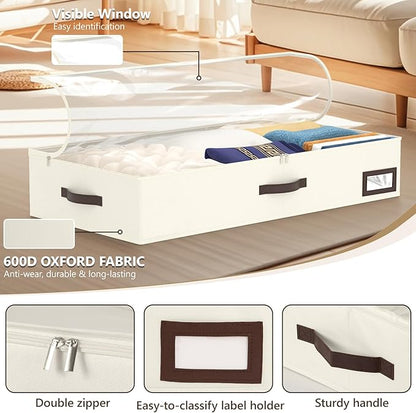 OIAHOMY 2 Pack Under Bed Storage with 4 Compression Bags, Underbed Organizers for Bedroom & Closet, Fits Beds Higher than 5.9", Space-Saving for Seasonal Clothes, Blankets & Shoes - Beige
