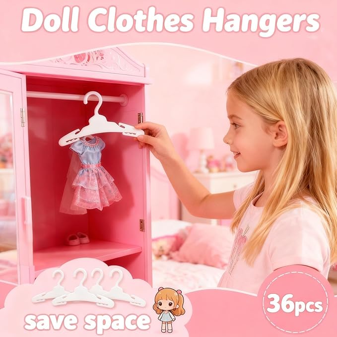 36 Pcs Doll Clothes Hangers for 18-Inch Dolls - Non-Slip, Space-Saving Wardrobe Accessories for Doll Gowns & Outfits (White)
