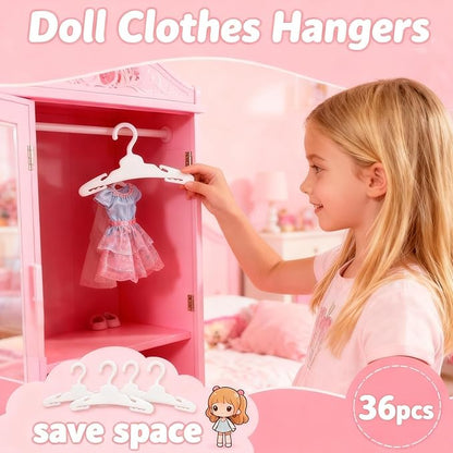 36 Pcs Doll Clothes Hangers for 18-Inch Dolls - Non-Slip, Space-Saving Wardrobe Accessories for Doll Gowns & Outfits (White)