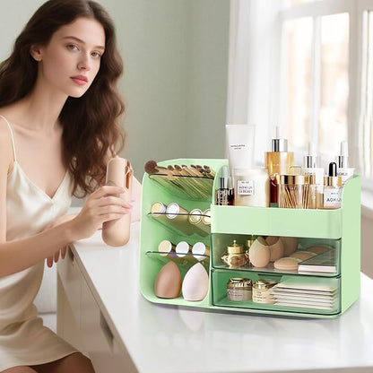 Makeup Organizer Countertop with Drawers, Cosmetic Organizer with Travel Makeup Brush Holder, Skincare Organizer & Storage with Drawers for Bathroom, Beauty Essentials, Eyeshadow (green)